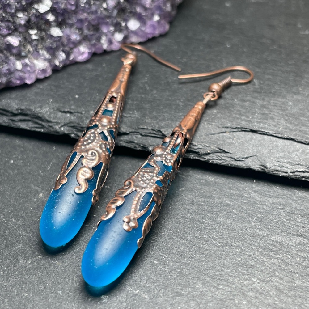 Artisan Boho Elegant Brilliant Blue Frosted Glass Antique Copper Drop Earrings - Picture 2 of 11